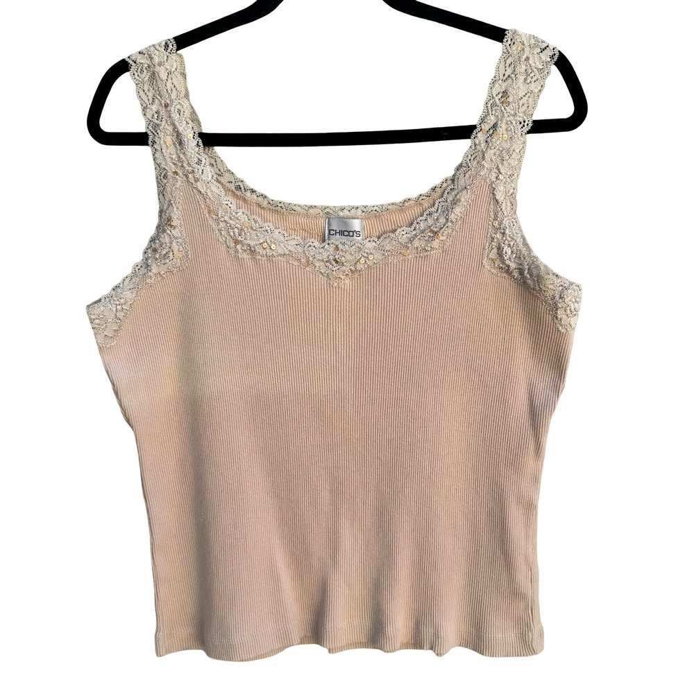 Chicos Y2K Tan Ribbed Babydoll Tank Top Lace Sequin Pearl Trim Scoop Neck Large